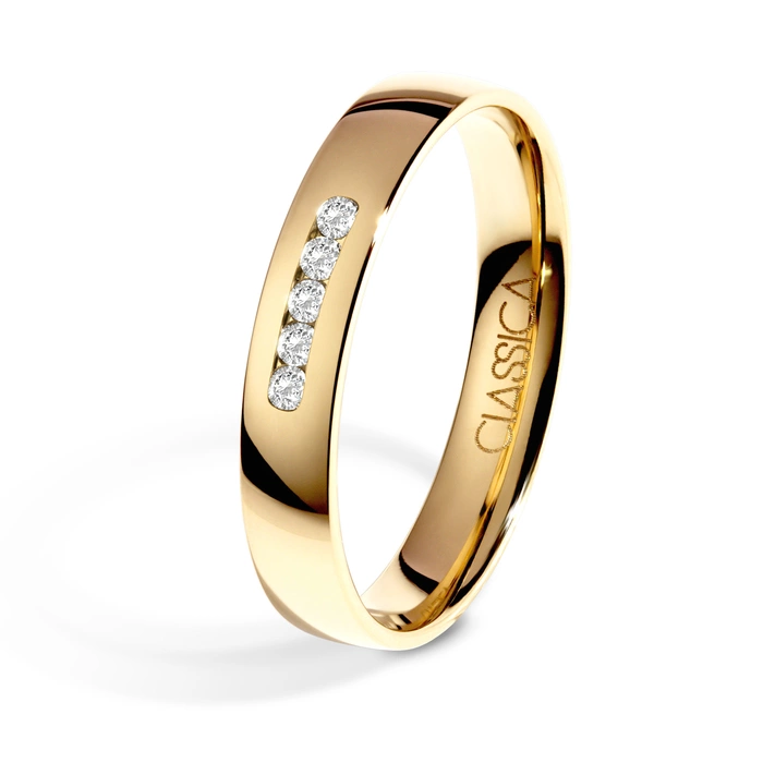 Obrączka ślubna z pięcioma diamentami 15-30 dni, Diamenty naturalne, Diamenty laboratoryjne, Żółte złoto, 4 mm, 1,3mm