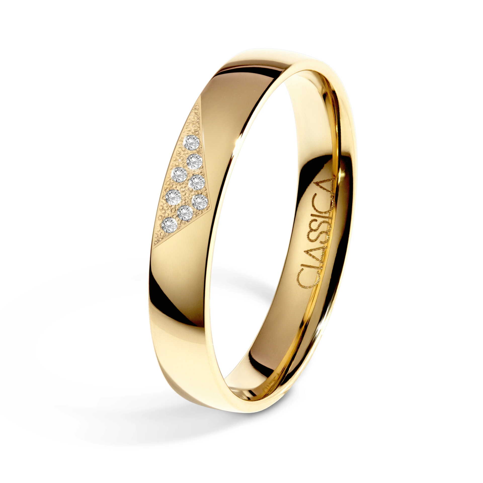 Obrączka ślubna z oprawą diamentów w trójkącie 15-30 dni, Diamenty naturalne, Diamenty laboratoryjne, Żółte złoto, 4 mm, 1,3mm