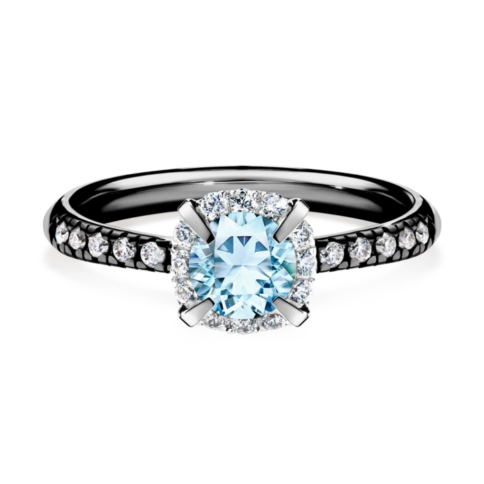 Pierścionek zaręczynowy My Princess 48h, Czarne złoto, Akwamaryn, 0,76CT, Diament laboratoryjny